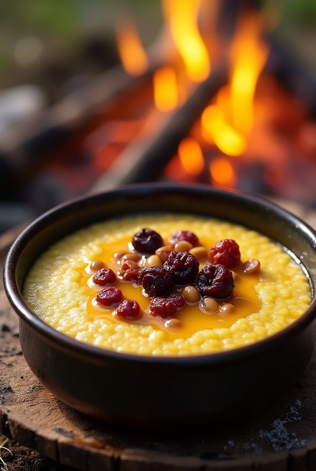 Creamy rustic polenta porridge topped with honey and mixed dried fruit, perfect for a camping breakfast.