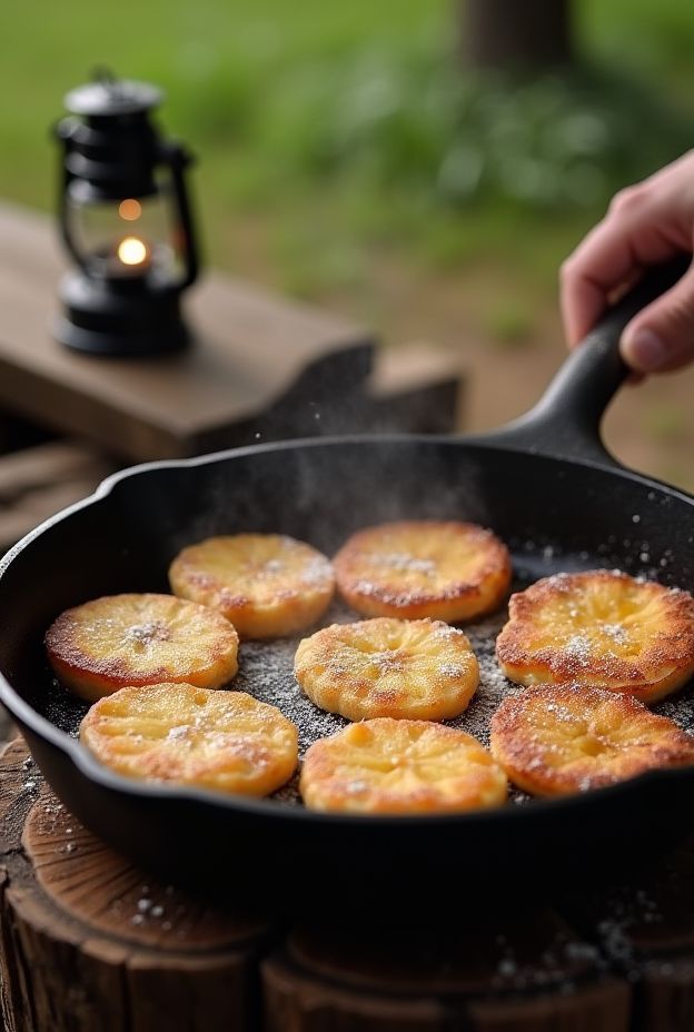 Delicious skillet banana fritters, crispy and golden, frying in cast iron with sugar dusting, perfect for camping treats.