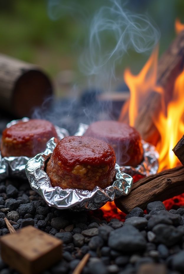 Mini meatloaves in foil packs cooking over a campfire, showcasing a smoky, flavorful camping recipe.