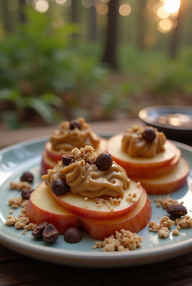 Healthy Campfire Apple Nachos with peanut butter, chocolate chips, and granola served in the great outdoors.