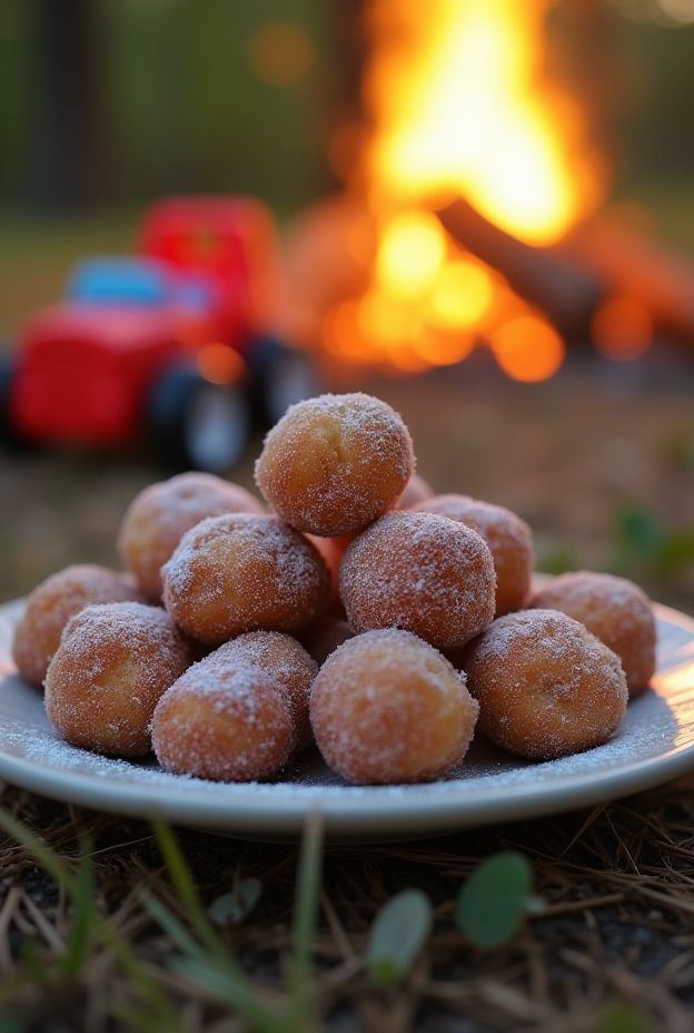 Delicious campfire cinnamon sugar donut holes freshly fried and tossed in sugar, perfect for camping treats.