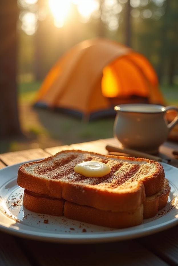 Campfire cinnamon toast strips with butter, ideal for outdoor camping snacks, flavored with cinnamon sugar, and grilled to perfection.