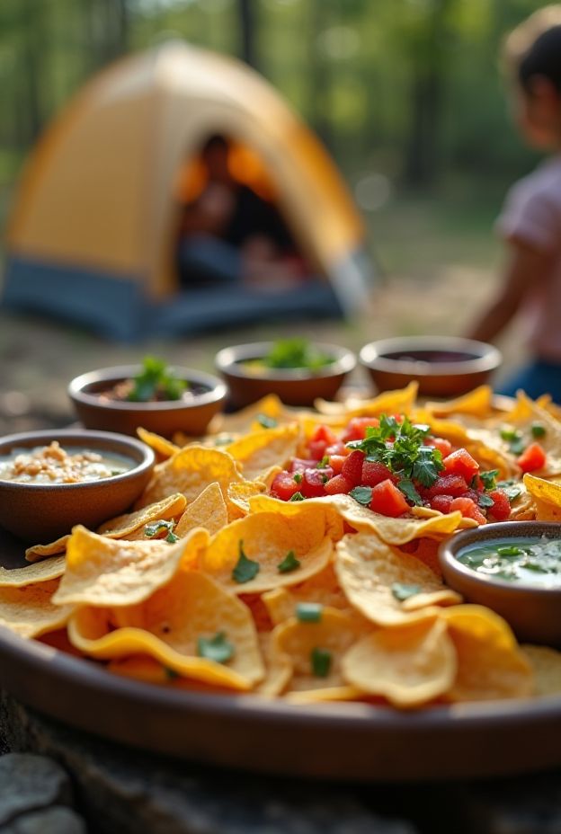 A vibrant campfire nachos bar with tortilla chips and assorted toppings ready for camping enjoyment.