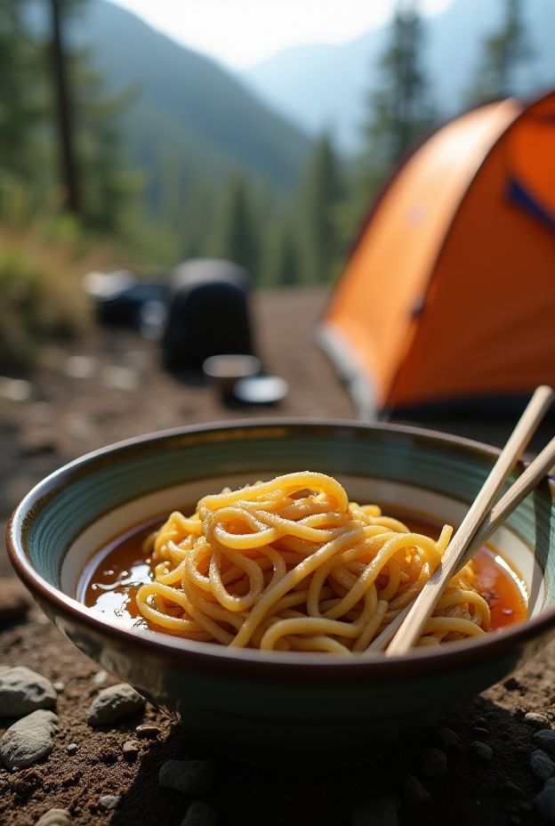 Cold Soba Noodle Salad displayed in a rustic bowl with natural camping backdrop, perfect for outdoor meals.