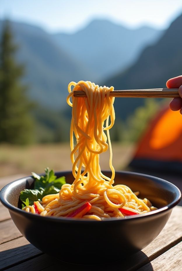 Dehydrated Pad Thai Noodles made with rice noodles, peanut powder, and dried vegetables, perfect for camping meals.