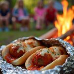 A delicious camping recipe for tin foil meatball subs with marinara and cheese, perfect for outdoor cooking.
