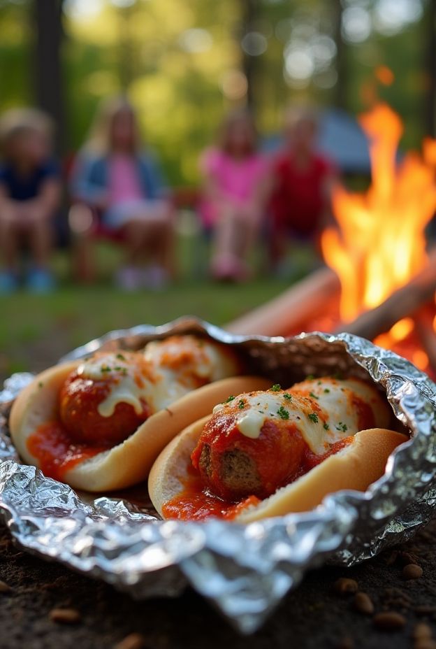 A delicious camping recipe for tin foil meatball subs with marinara and cheese, perfect for outdoor cooking.
