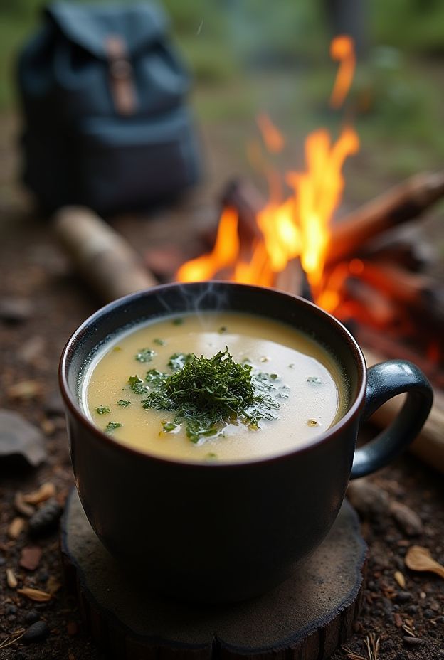Instant Miso Soup with Wakame served in a black cup next to a campfire and backpack.