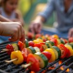 Colorful vegetable skewers ready to grill, perfect for kids to assemble during camping trips.