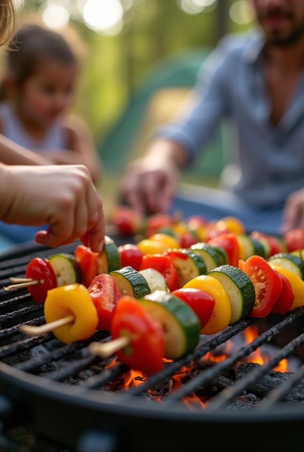 Colorful vegetable skewers ready to grill, perfect for kids to assemble during camping trips.