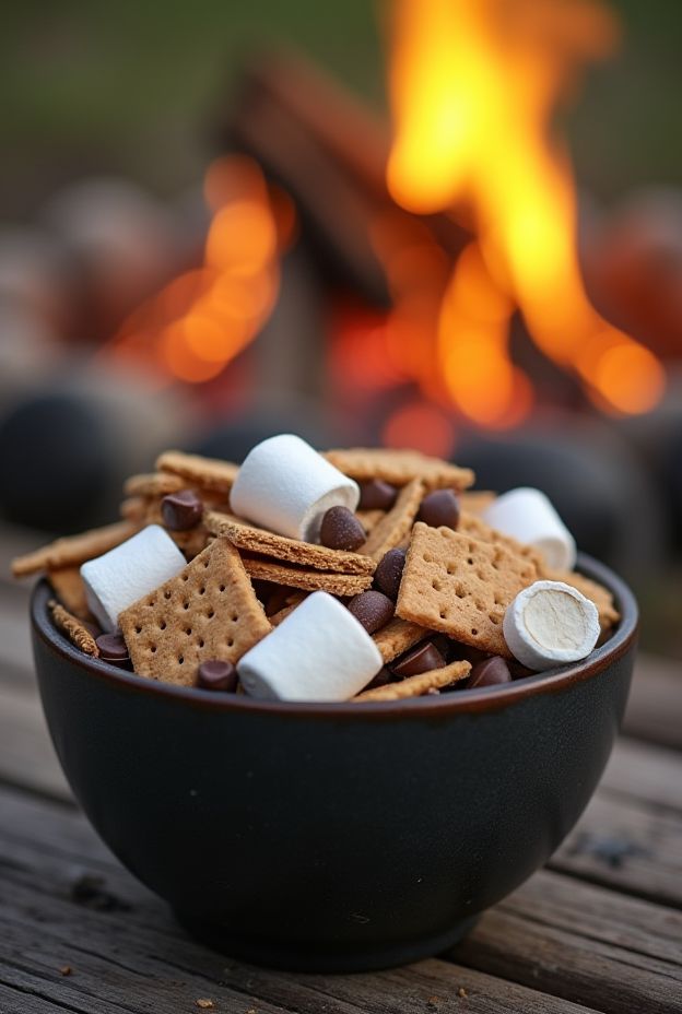 Delicious S'mores Trail Mix with graham crackers, mini marshmallows, and chocolate chips, perfect for camping snacks.